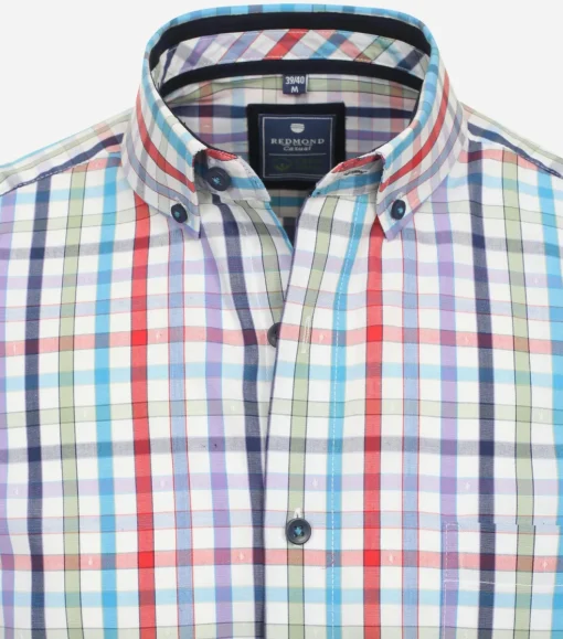 Redmond comfort fit overhemd, korte mouw, popeline, blauw geruit