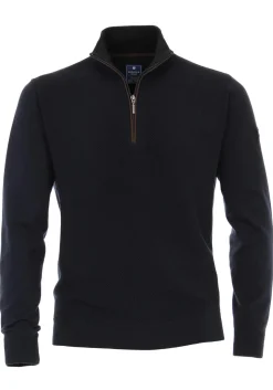 Redmond heren trui katoen, schipperstrui met rits, donker blauw