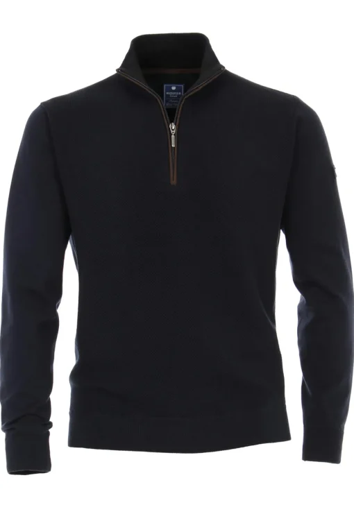 Redmond heren trui katoen, schipperstrui met rits, donker blauw