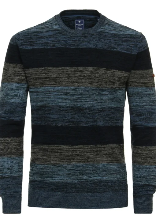 Redmond heren trui katoen, O-hals, blauw gestreept (middeldik)