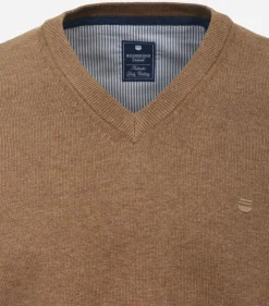 Redmond heren trui katoen, V-hals, camel (middeldik)