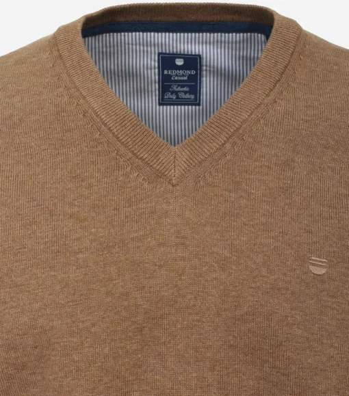 Redmond heren trui katoen, V-hals, camel (middeldik)