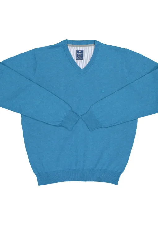 Redmond heren trui katoen, V-hals, zwembad blauw