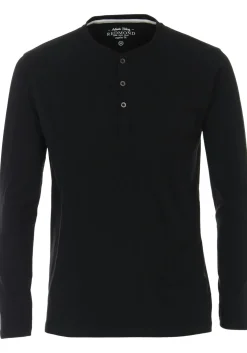 Redmond regular fit T-shirt, lange mouw O-hals met knoopsluiting, zwart