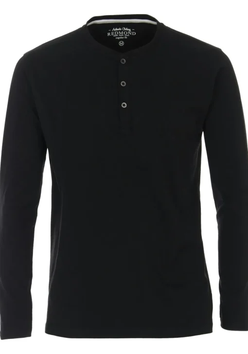 Redmond regular fit T-shirt, lange mouw O-hals met knoopsluiting, zwart