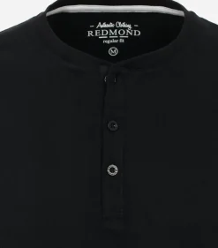 Redmond regular fit T-shirt, lange mouw O-hals met knoopsluiting, zwart