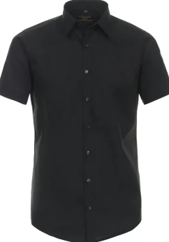 Redmond slim fit overhemd, korte mouw, popeline, zwart