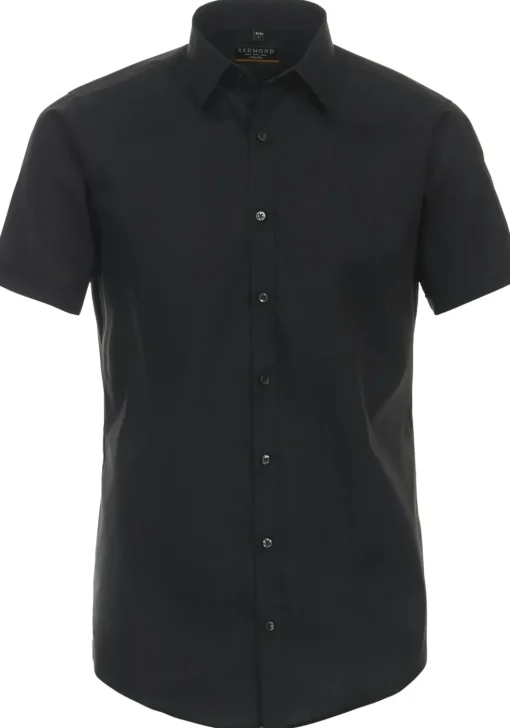 Redmond slim fit overhemd, korte mouw, popeline, zwart