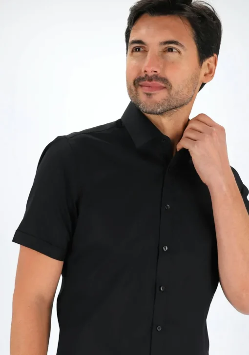 Redmond slim fit overhemd, korte mouw, popeline, zwart
