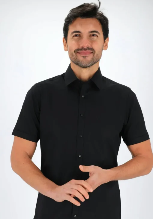 Redmond slim fit overhemd, korte mouw, popeline, zwart