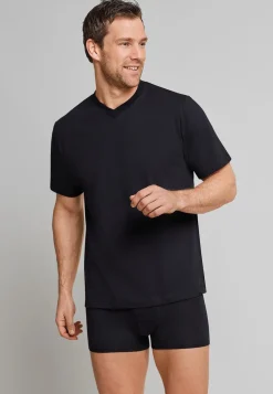 SCHIESSER American T-shirt (2-pack), heren shirt korte mouw jersey v-hals zwart