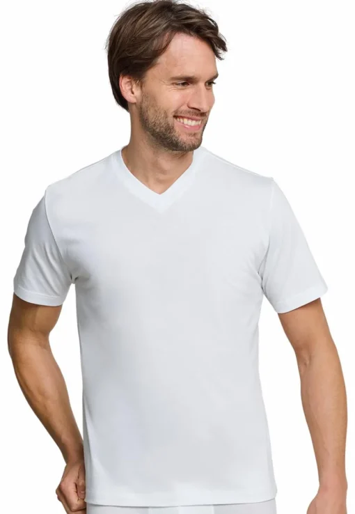 SCHIESSER American T-shirt (2-pack), heren shirt korte mouw jersey v-hals wit