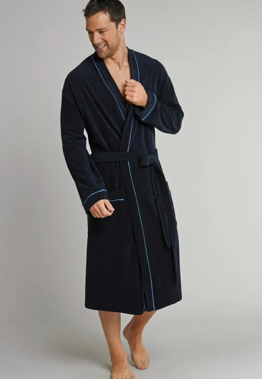 SCHIESSER heren badjas, badstof, blauw met contrastbies