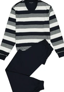 SCHIESSER heren pyjama, V-hals, blauw met wit en grijs gestreept