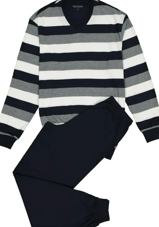 SCHIESSER heren pyjama, V-hals, blauw met wit en grijs gestreept