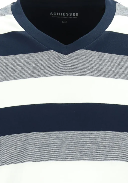 SCHIESSER heren pyjama, V-hals, blauw met wit en grijs gestreept