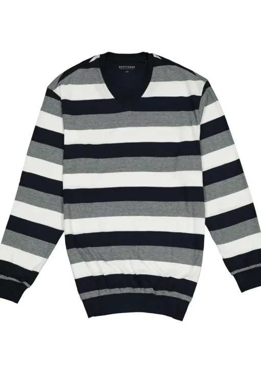 SCHIESSER heren pyjama, V-hals, blauw met wit en grijs gestreept
