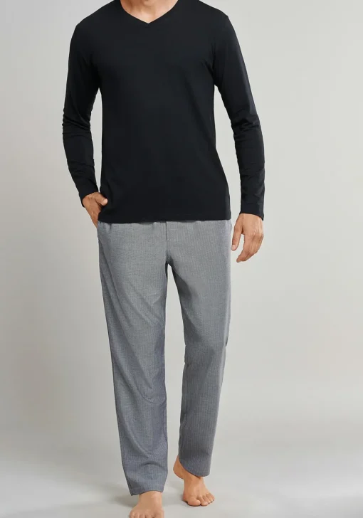 SCHIESSER Mix+Relax lounge broek, lange pijpen, dun niet elastisch, zwart met wit visgraat dessin