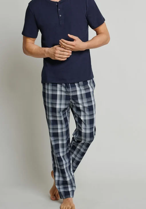 SCHIESSER Mix+Relax lounge broek, lange pijpen, dun niet elastisch, blauw geruit