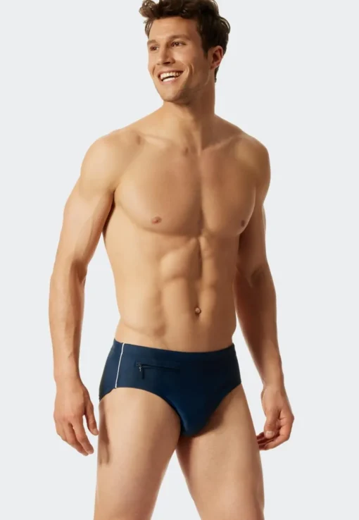 SCHIESSER Nautical Casual heren badkleding, zwemslip met ritszakje tricot gerecycled fijne stroken admiraalblauw