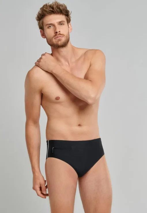 SCHIESSER nautical casual heren badkleding, bad-sir met ritszakje gerecycled tricot fijne strepen zwart