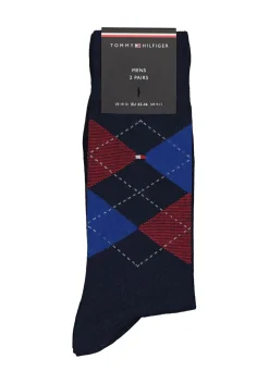 Tommy Hilfiger Check Socks (2-pack), herensokken katoen, geruit en uni, original blauw met rood