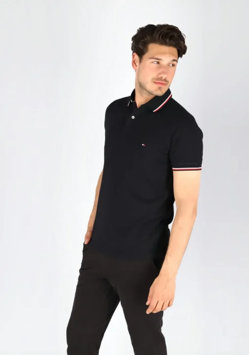 Tommy Hilfiger Core slim fit polo, heren polo met contrastbiezen, zwart