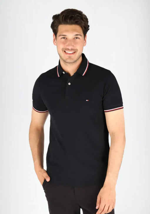 Tommy Hilfiger Core slim fit polo, heren polo met contrastbiezen, zwart