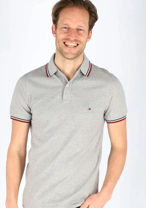 Tommy Hilfiger Core slim fit polo, heren polo met contrastbiezen, grijs melange