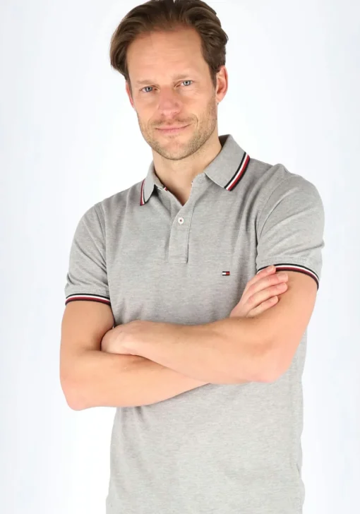 Tommy Hilfiger Core slim fit polo, heren polo met contrastbiezen, grijs melange