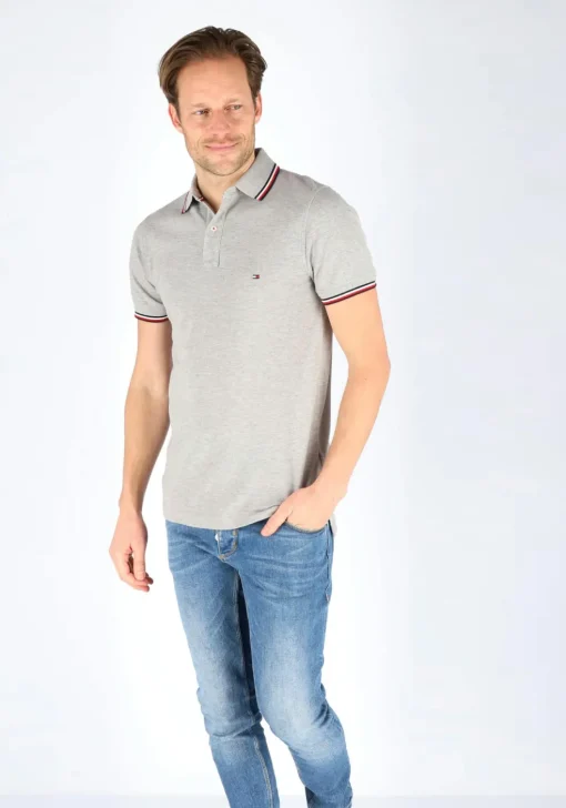 Tommy Hilfiger Core slim fit polo, heren polo met contrastbiezen, grijs melange