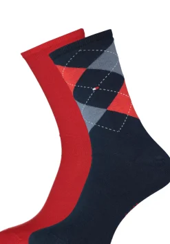 Tommy Hilfiger damessokken Check (2-pack), uni en geruit katoen, donkerblauw met rood