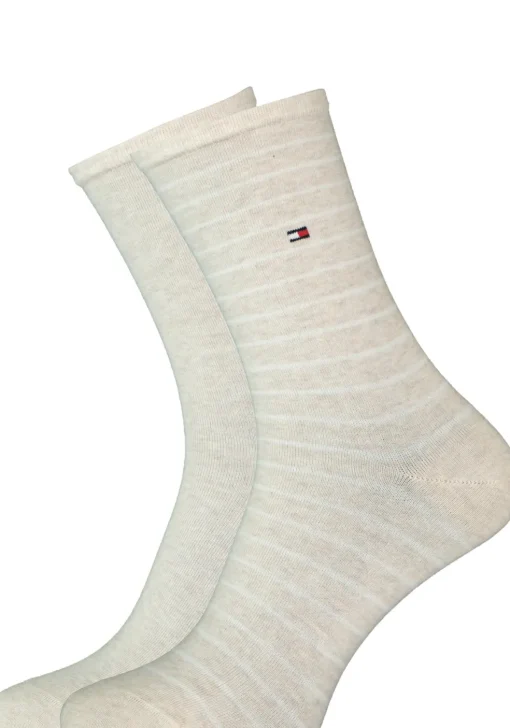 Tommy Hilfiger damessokken Small Stripe (2-pack), uni en gestreept katoen, licht beige met wit