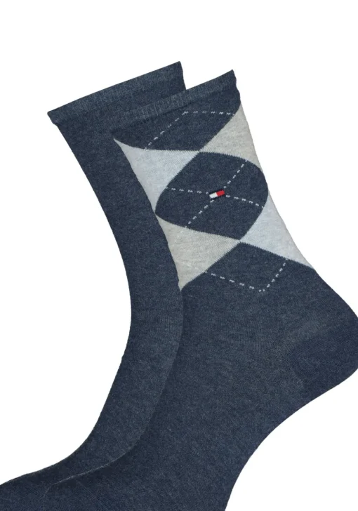 Tommy Hilfiger damessokken Check (2-pack), uni en geruit katoen, jeansblauw met grijs