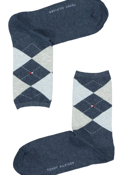 Tommy Hilfiger damessokken Check (2-pack), uni en geruit katoen, jeansblauw met grijs