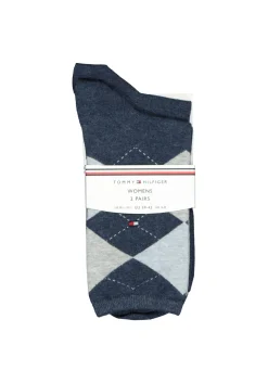 Tommy Hilfiger damessokken Check (2-pack), uni en geruit katoen, jeansblauw met grijs