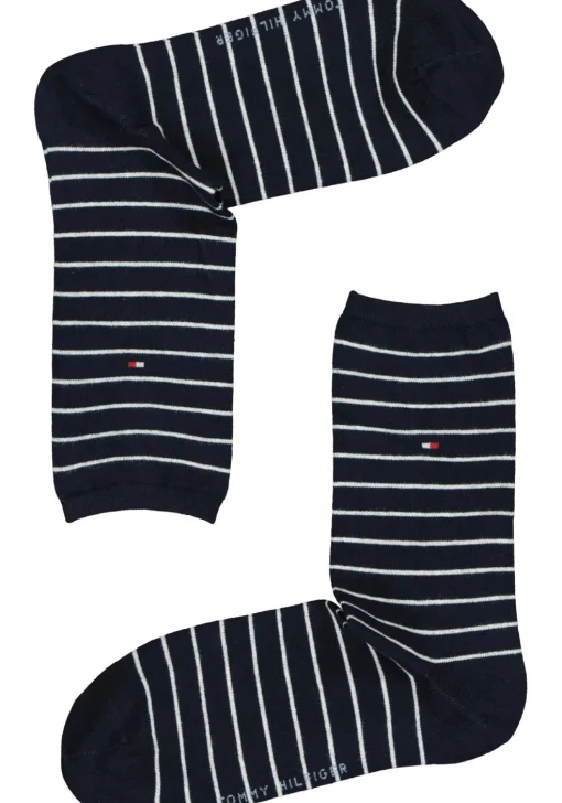 Tommy Hilfiger damessokken Small Stripe (2-pack), uni en gestreept katoen, donkerblauw met wit