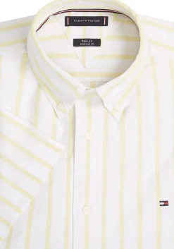 Tommy Hilfiger Flex Poplin Regular Fit Shirt, korte mouw, popeline, wit met geel gestreept