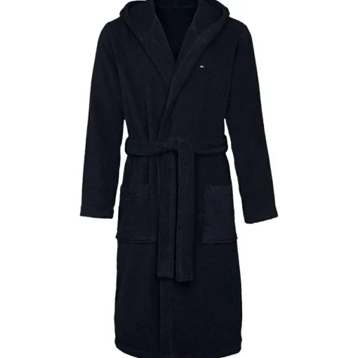 Tommy Hilfiger heren badjas, dik badstof met capuchon, blauw