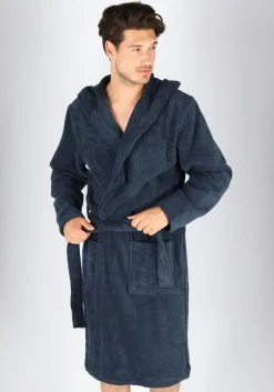 Tommy Hilfiger heren badjas, dik badstof met capuchon, blauw