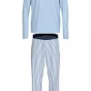 Tommy Hilfiger heren pyjama O-hals, lichtblauw shirt met blauw met wit gestreepte broek