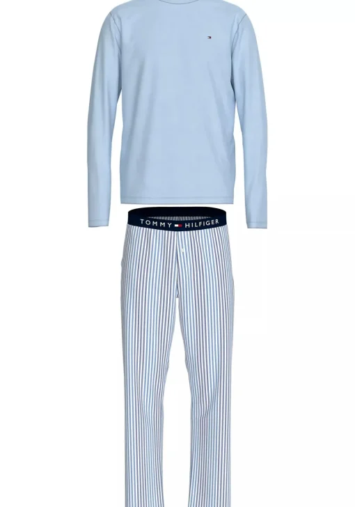 Tommy Hilfiger heren pyjama O-hals, lichtblauw shirt met blauw met wit gestreepte broek