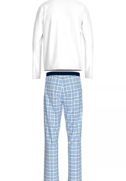 Tommy Hilfiger heren pyjama O-hals, wit shirt met blauw met wit geruite broek