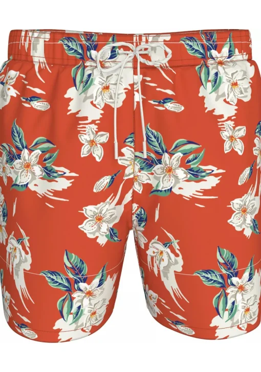 Tommy Hilfiger Medium Drawstring swimshort, heren zwembroek, warm oranje met bloemen print