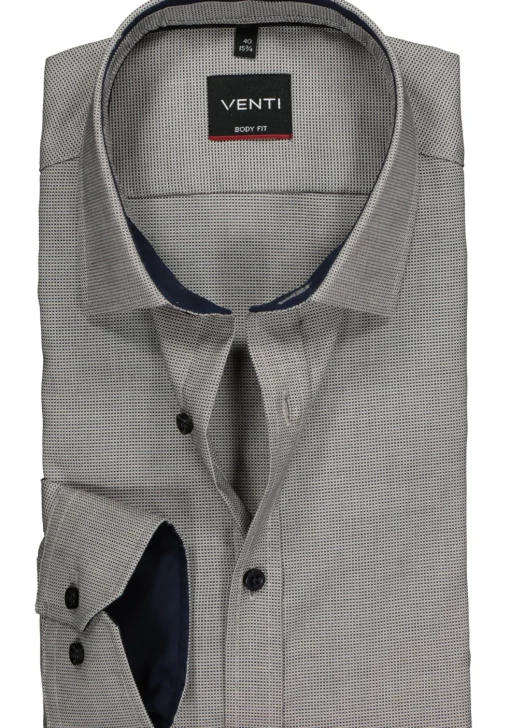 VENTI body fit overhemd, donkerblauw met wit en beige structuur (contrast)