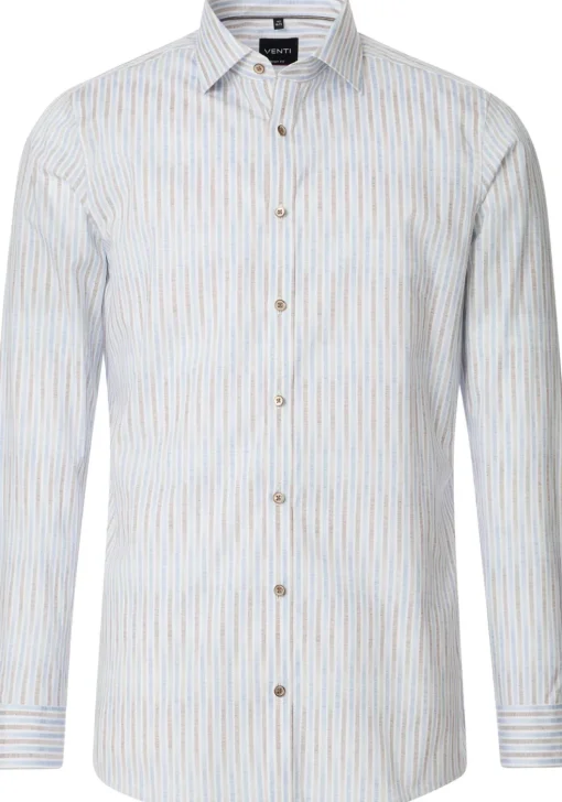 VENTI body fit overhemd, popeline, wit met blauw en beige gestreept
