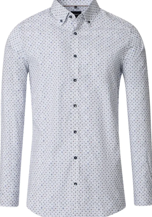 VENTI body fit overhemd, popeline, wit met blauw en beige dessin