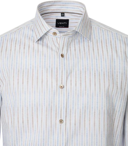 VENTI body fit overhemd, popeline, wit met blauw en beige gestreept