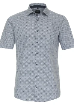 VENTI modern fit overhemd, korte mouw, popeline, blauw met wit dessin