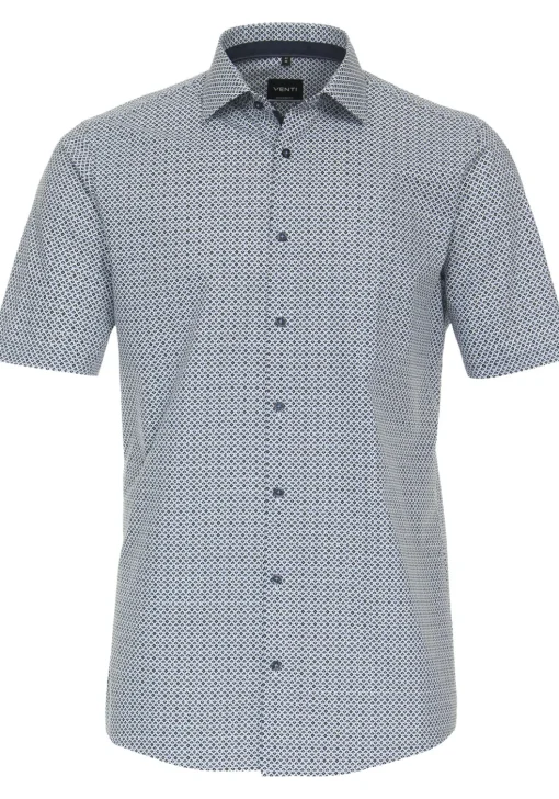 VENTI modern fit overhemd, korte mouw, popeline, blauw met wit dessin